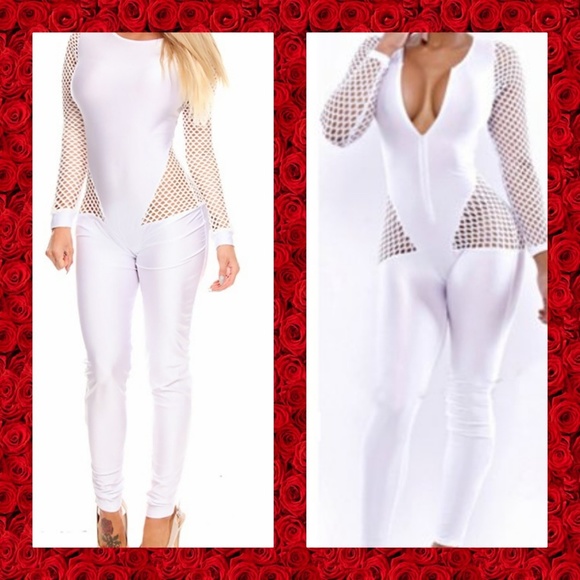 Long Sleeve Fishnet Design White 👼 angel Jumpsuit - Picture 1 of 7